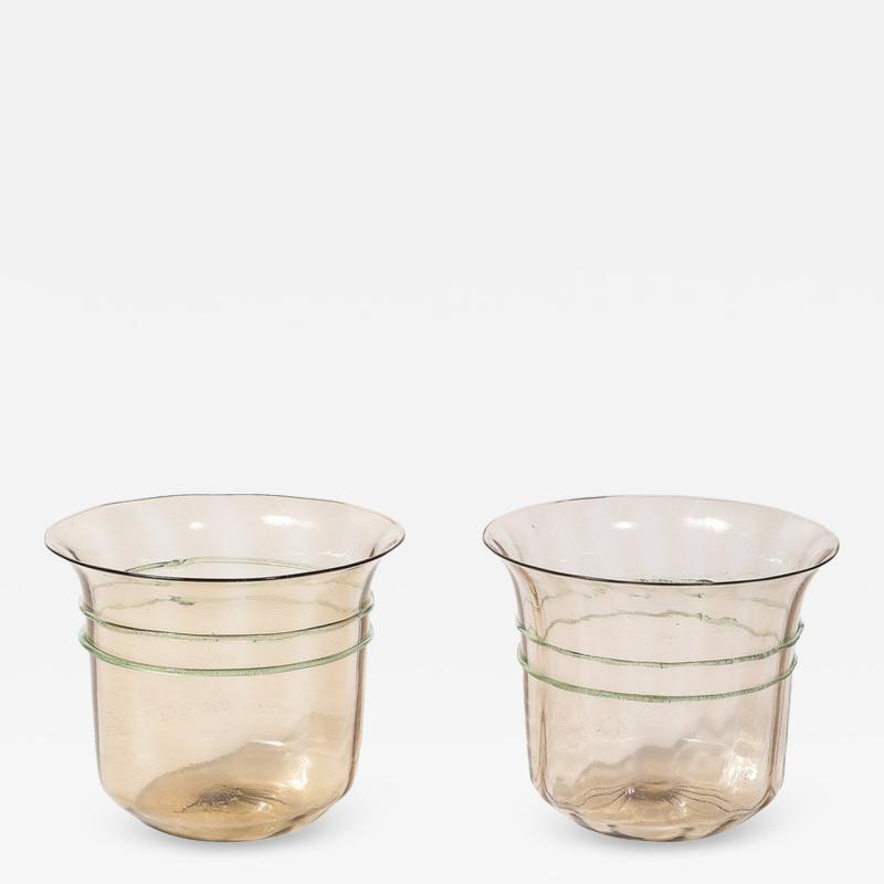 Mid Century Hand Blown Murano Glass Smoked Amber 24kt Gold Fleck Ice Buckets