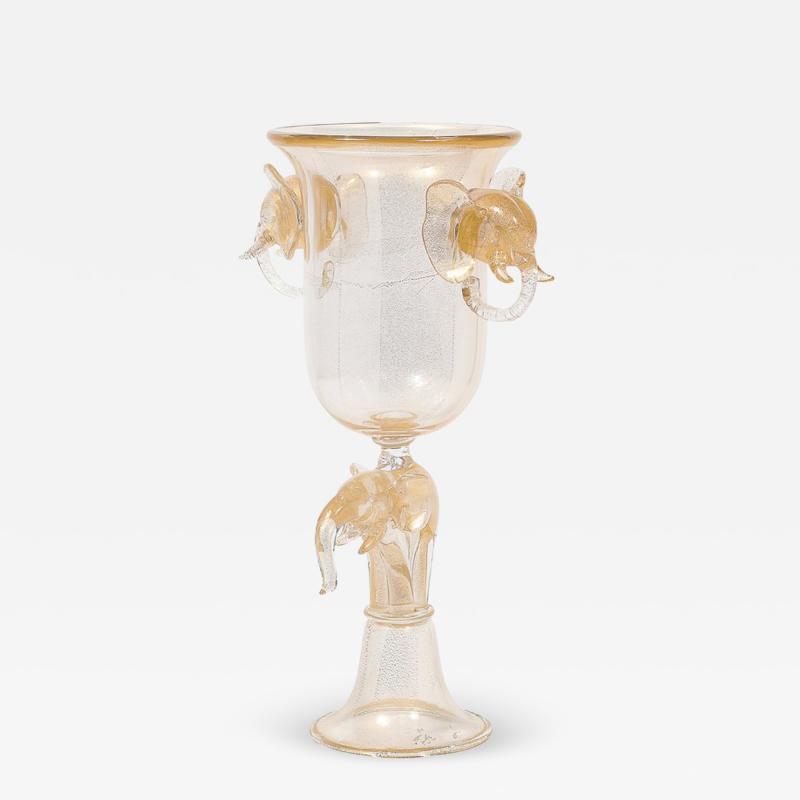 Mid Century Hand Blown Murano Glass Urn Form Vase w Sculptural Elephants Motifs