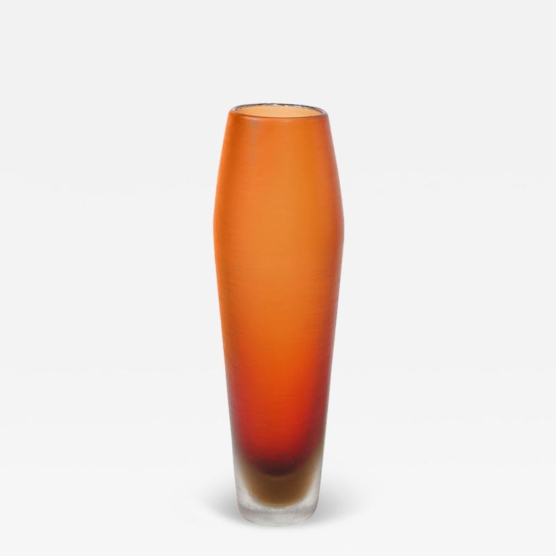 Mid Century Hand Blown Murano Glass Vase in Apricot W Fine Reeded Detailing