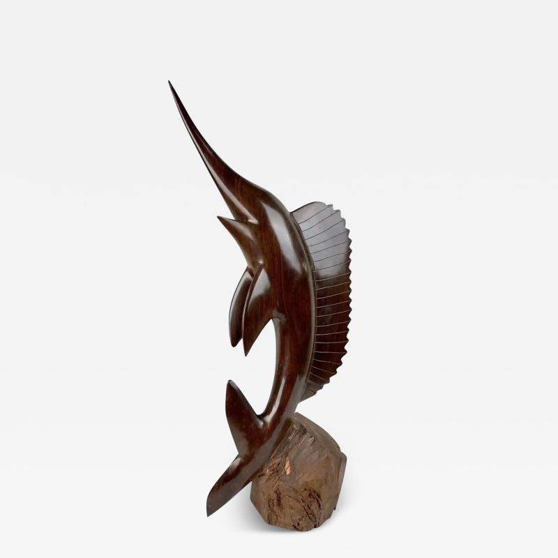 Mid Century Hand Carved Iron Wood Swordfish Sculpture