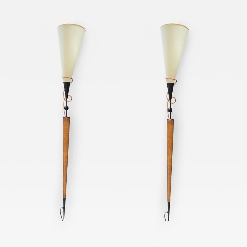 Mid Century Hand Carved Wood and BrassWall Sconces 1960s