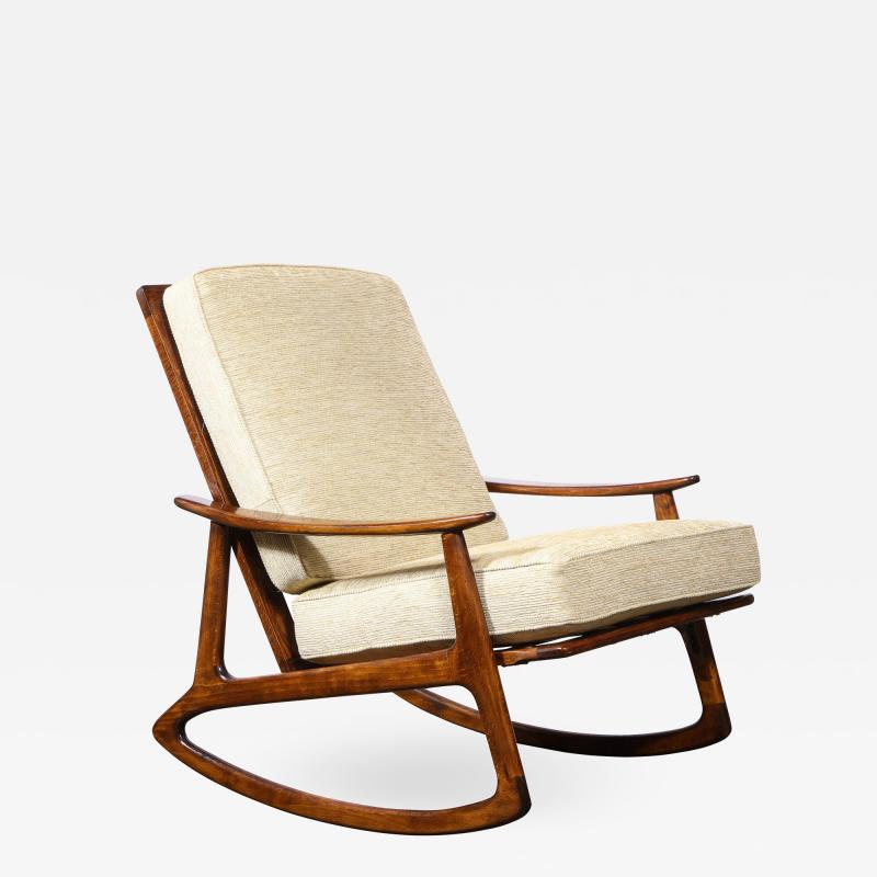Mid Century Hand Rubbed Walnut Rocking Chair in Holly Hunt Champagne Upholstery
