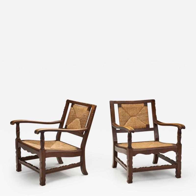 Mid Century Handcrafted Wood and Woven Straw Armchairs Europe ca 1950s