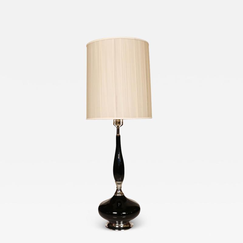Mid Century Hollywood Regency Black Ceramic Chrome Table Lamp