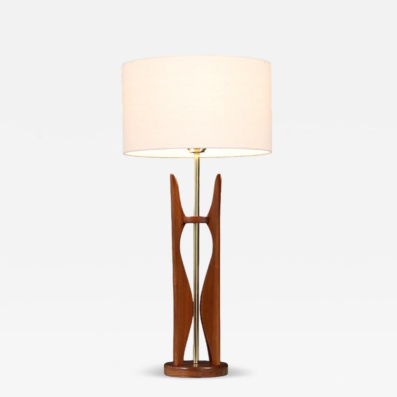 Mid Century Hourglass Sculpted Walnut Brass Table Lamp