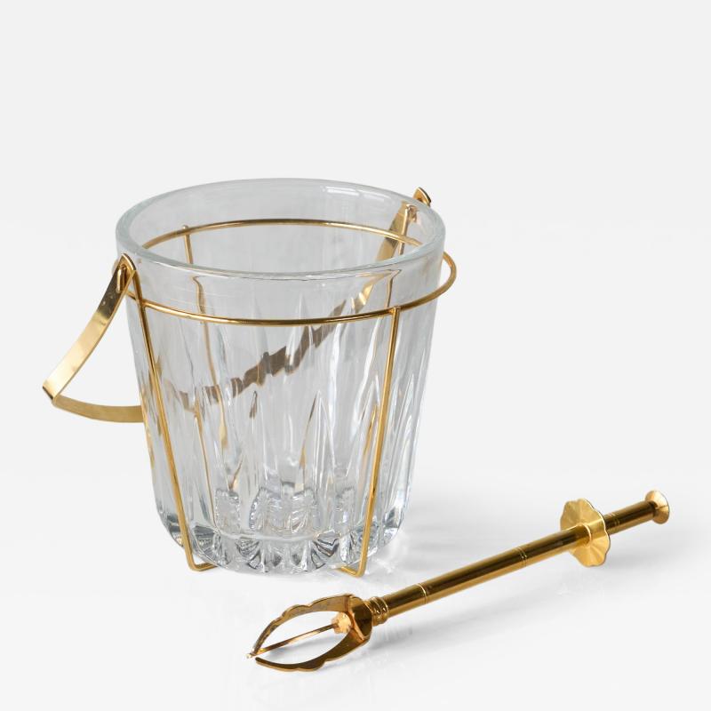 Mid Century Ice Bucket and Tong in Crystal and Brass France 1960s