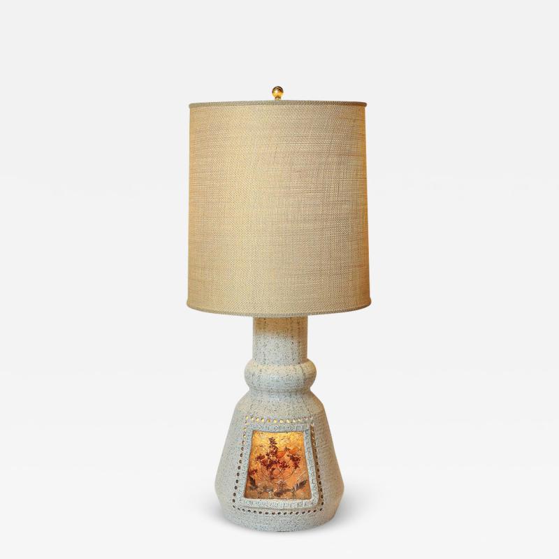 Mid Century Illuminated Amber Resin Naturalistic Motif White Ceramic Table Lamp