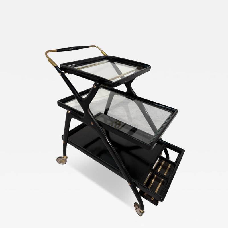 Mid Century Italian Black Lacquer Brass Bar Cart with Glass Trays