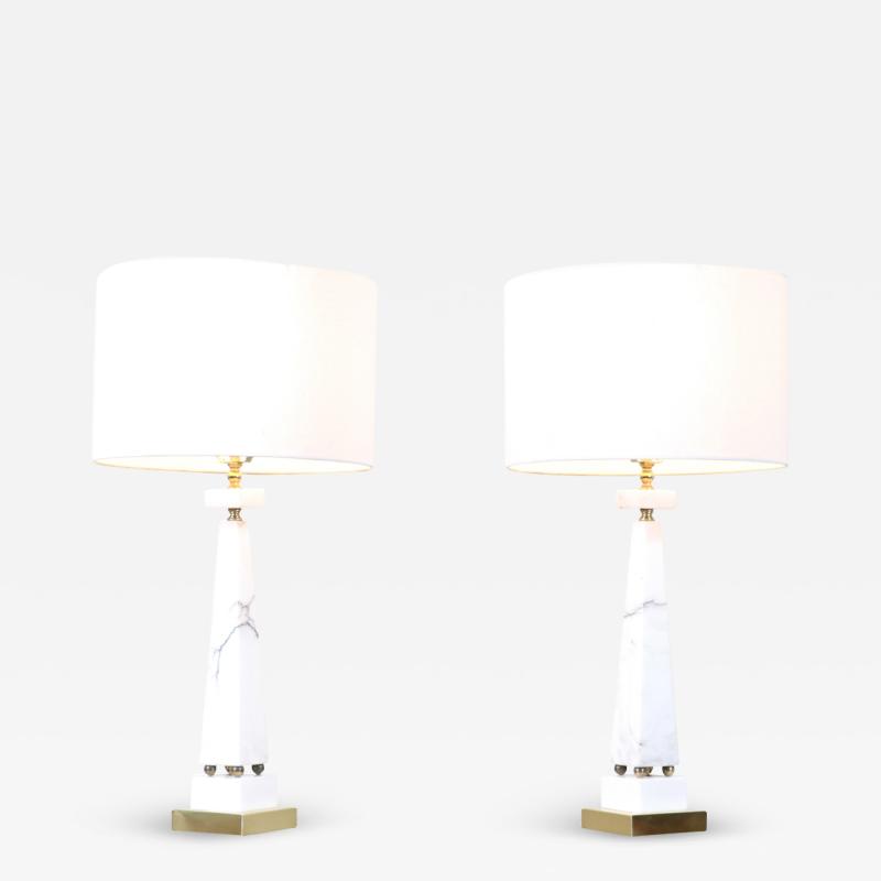 Mid Century Italian Marble Brass Pyramid Style Table Lamps