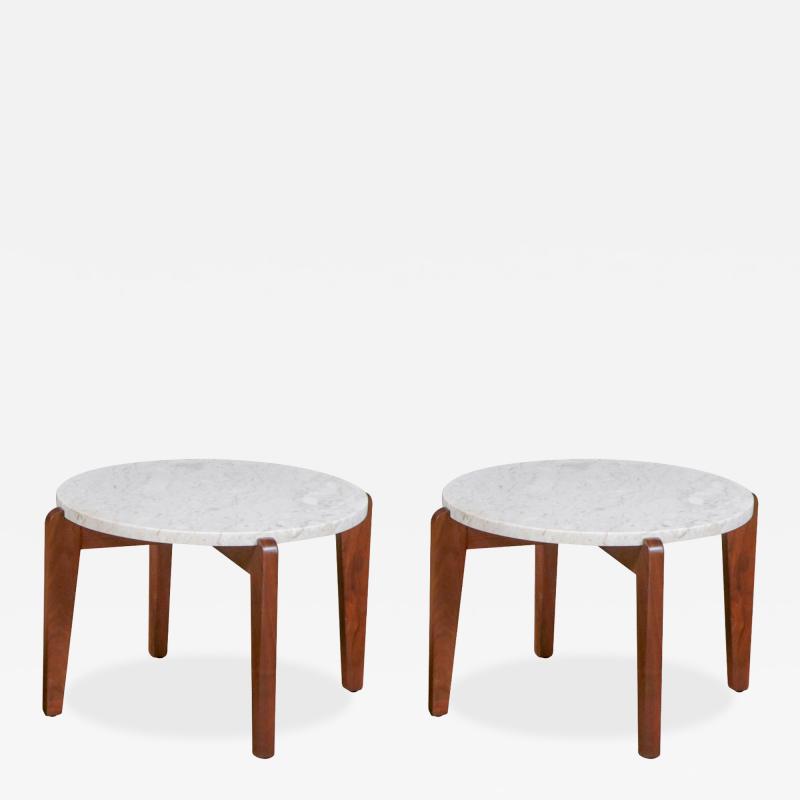 Mid Century Italian Modern Travertine Sculpted Walnut Side Tables