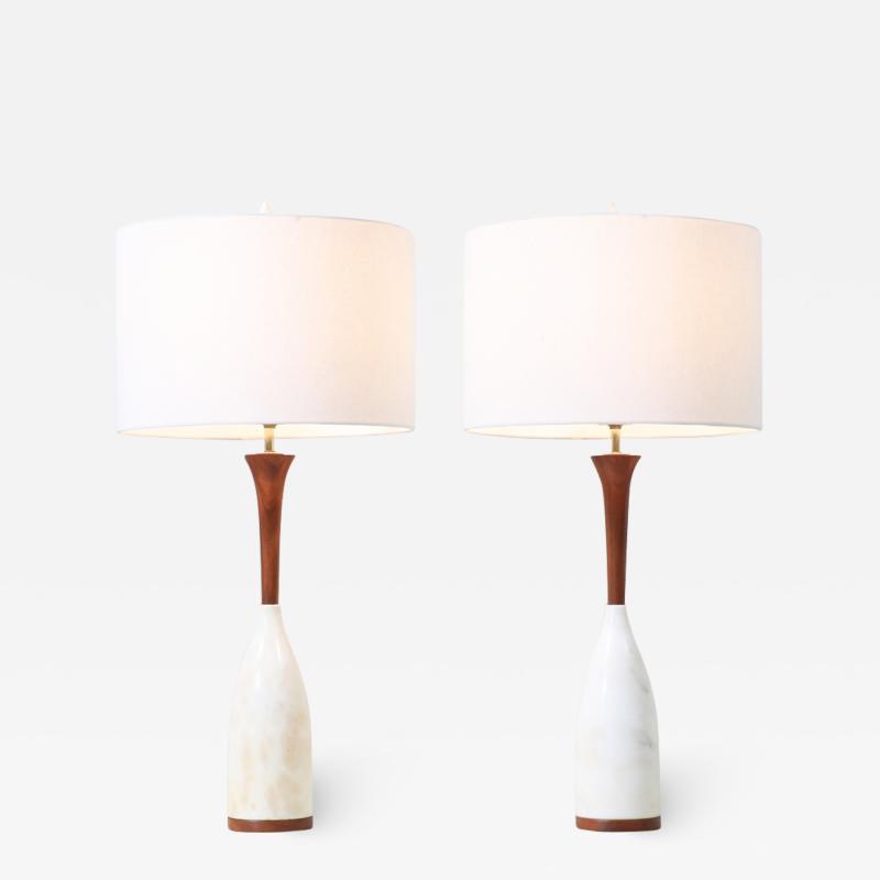 Mid Century Italian Modern Walnut Marble Table Lamps