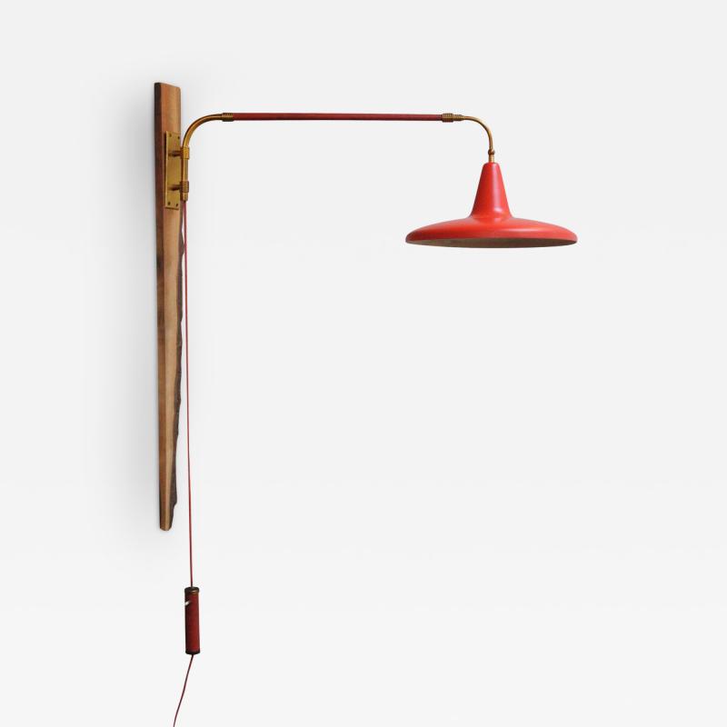 Mid Century Italian Modernist Wall Swag Lamp in Brass and Red Lacquered Metal