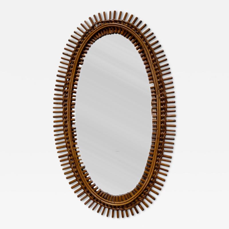 Mid Century Italian Oval Rattan and Wicker Sunburst Mirror 1960s