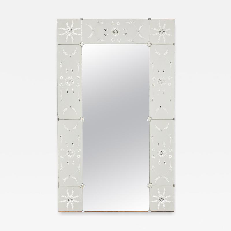 Mid Century Italian Rectangular Wall Mirror with Etched Glass Floral Border
