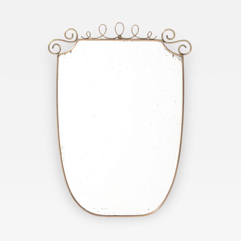 Mid Century Italian Shield Shaped Brass Wall Mirror with Scroll Crest