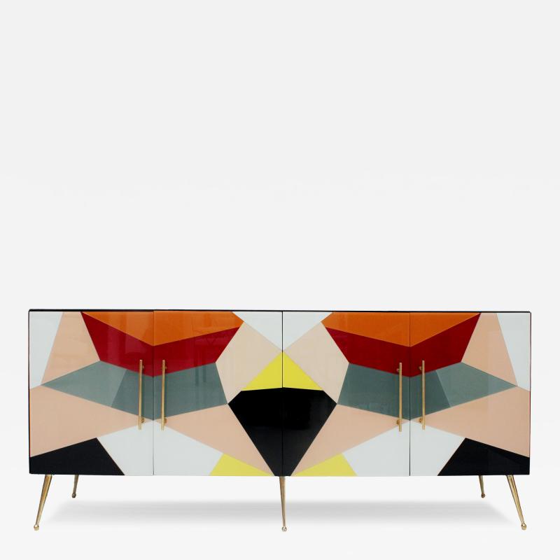 Mid Century Italian Sideboard Colorful Glass and Brass Geometric Design 
