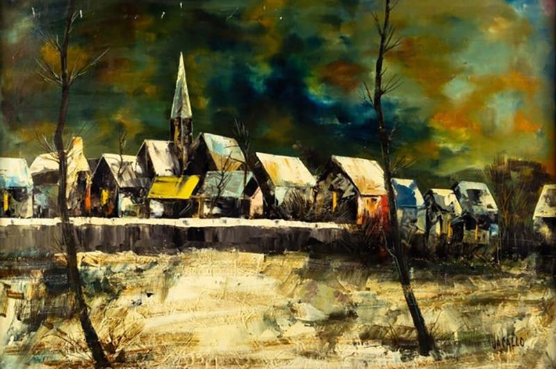 Mid Century Jacallo Architectural Landscape Signed Oil on Canvas Painting
