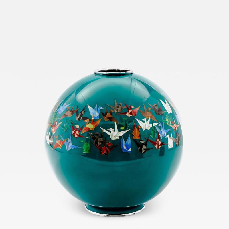 Mid Century Japanese Cloisonn Enamel Vase by Sato with Origami Crane Motif