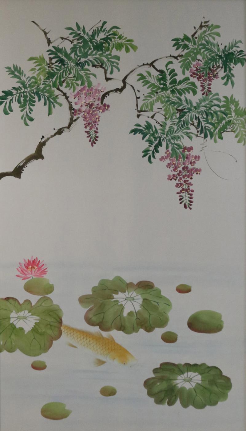 Mid Century Koi Fish And Tree Painted Silk Panel
