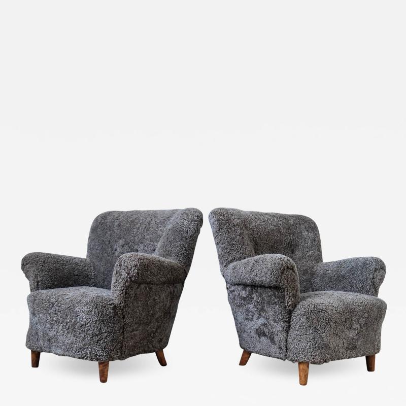 Mid Century Lounge Chairs in Grey Black Sheepskin Sweden 1940s