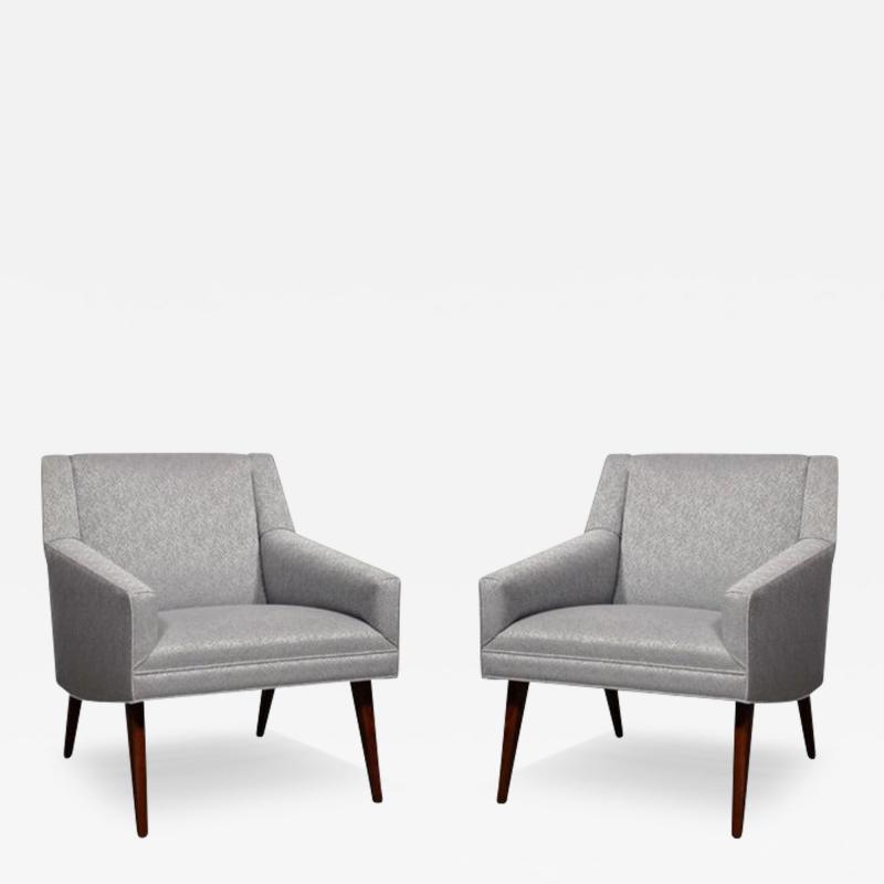 Mid Century Lounge Chairs in Holly Hunt Fabric Tapered Hand Rubbed Walnut Legs