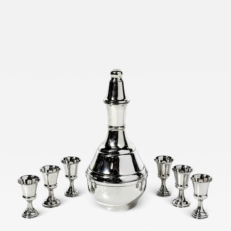 Mid Century Minimalist Sculptural Sterling Kiddush Decanter and Six Cup Set