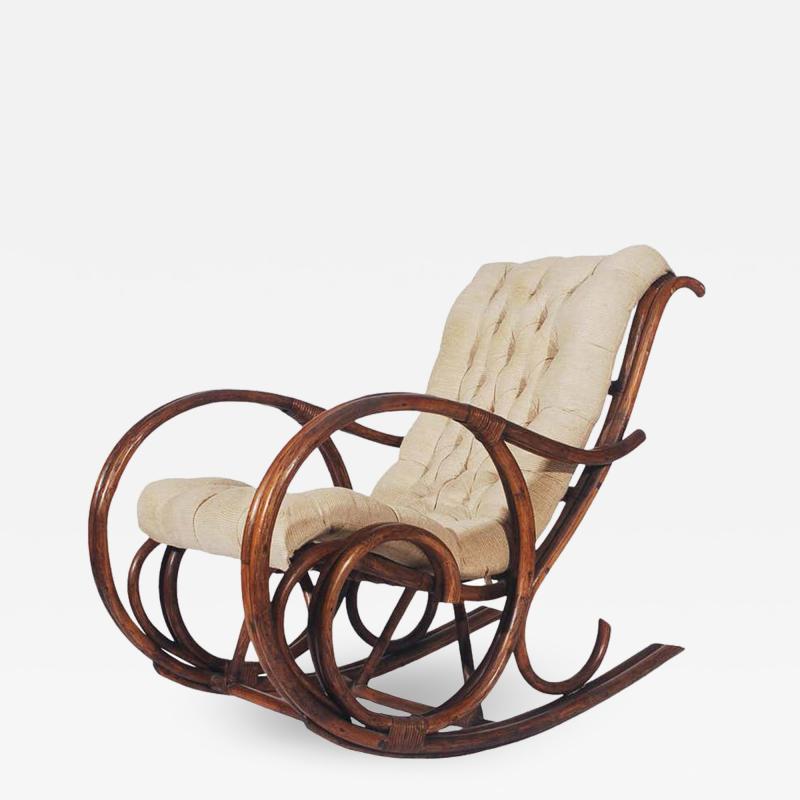 Mid Century Modern Bamboo Rattan Rocking Lounge Chair With Scrolled Arms