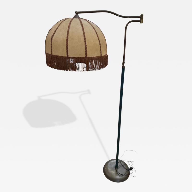 Mid Century Modern Brass Floor Lamp with Fringe Fabric Shade