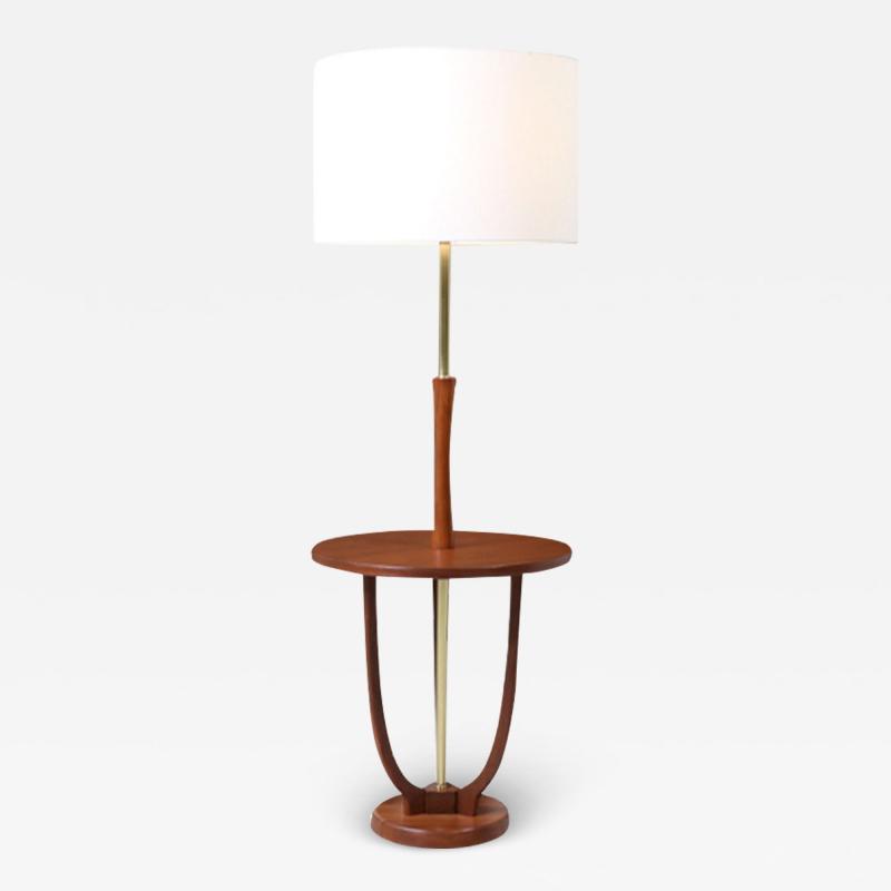 Mid Century Modern Brass Sculpted Walnut Floor Lamp with Side Table
