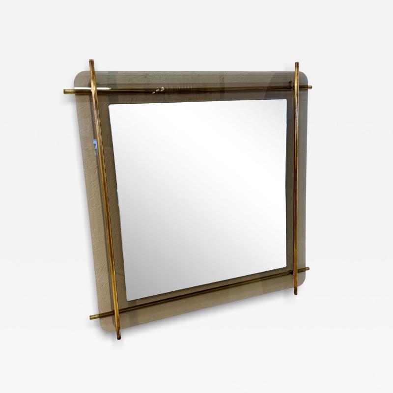 Mid Century Modern Brass Smoked Glass Wall Mirror 1970s