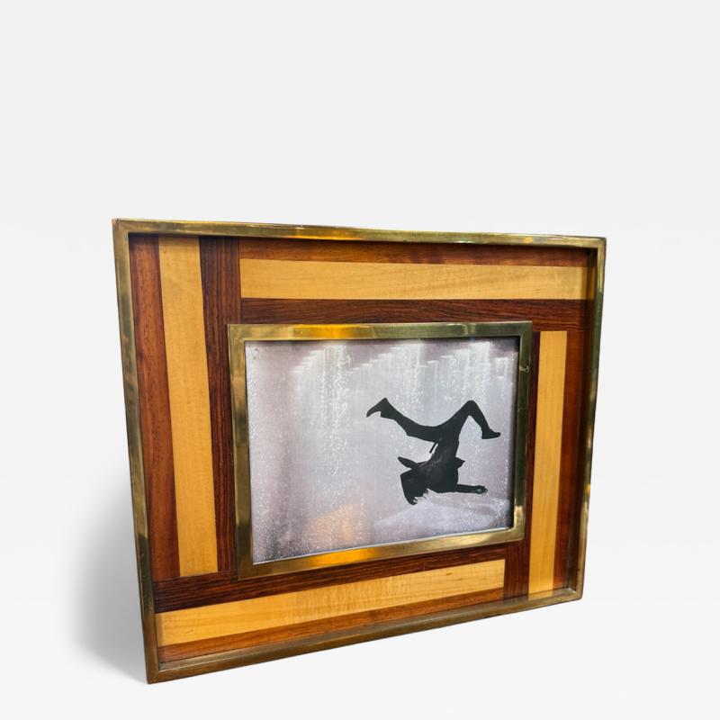 Mid Century Modern Brass and Inlaid Wood Photo Frame