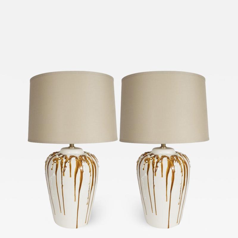 Mid Century Modern Caramel Glazed Ceramic Table Lamps with Brass Fittings