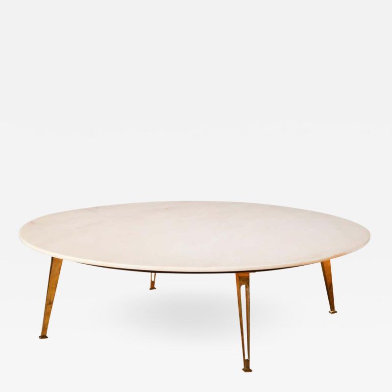 Mid Century Modern Carrara Marble and Brass Round Coffee Table Italy 1950s
