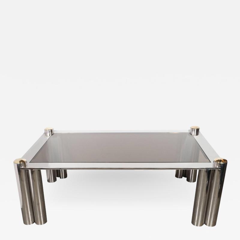 Mid Century Modern Cocktail Table in Chrome and Brass with Smoked Glass