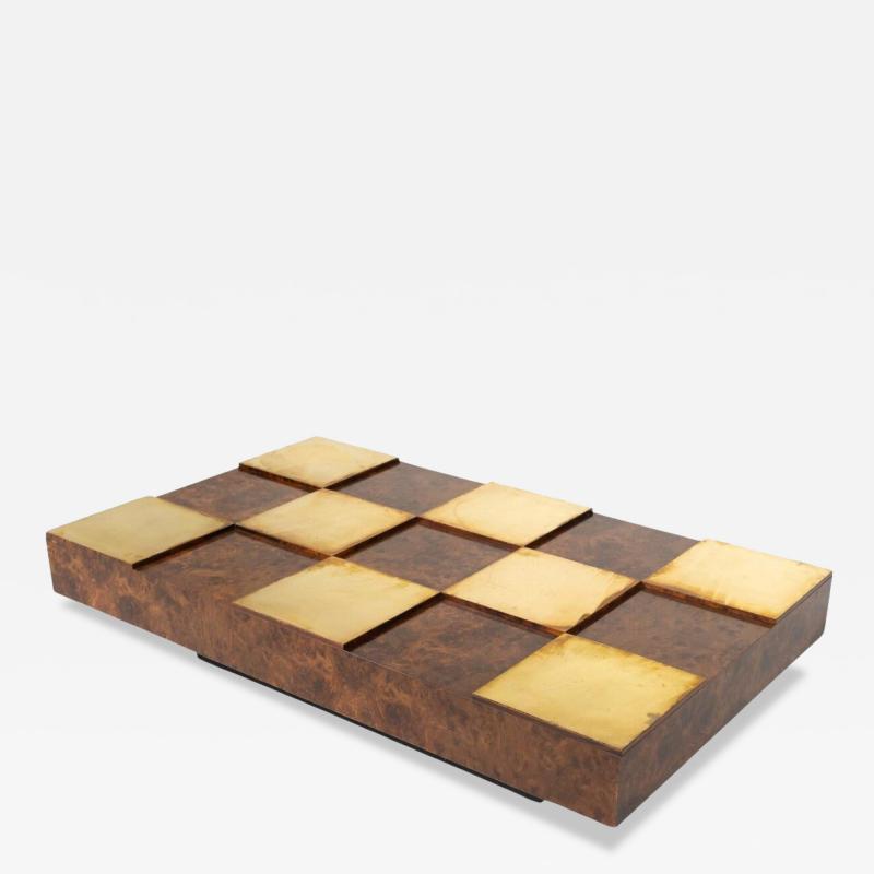 Mid Century Modern Coffee Table Brass and Burl Wood Italy 1970s