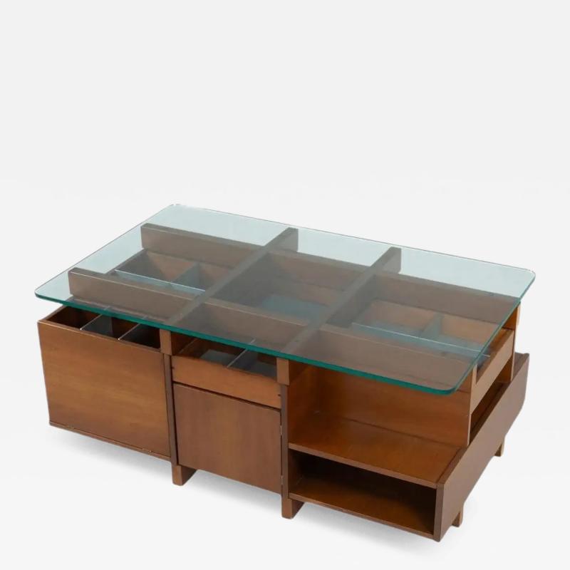 Mid Century Modern Coffee Table with Compartments Wood and Glass Italy