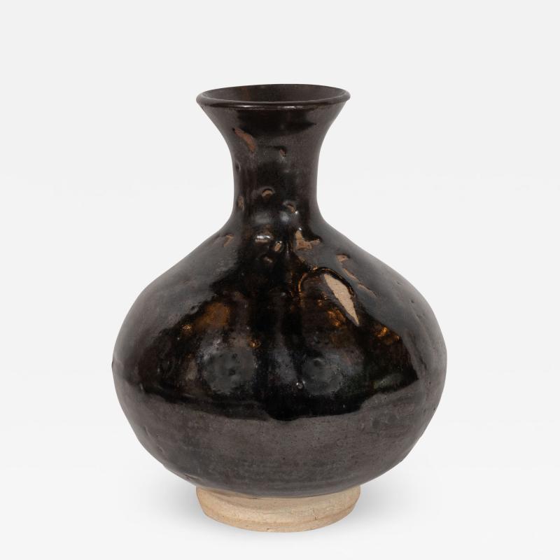 Mid Century Modern Danish Black Glazed Natural Ceramic Hourglass Form Vase