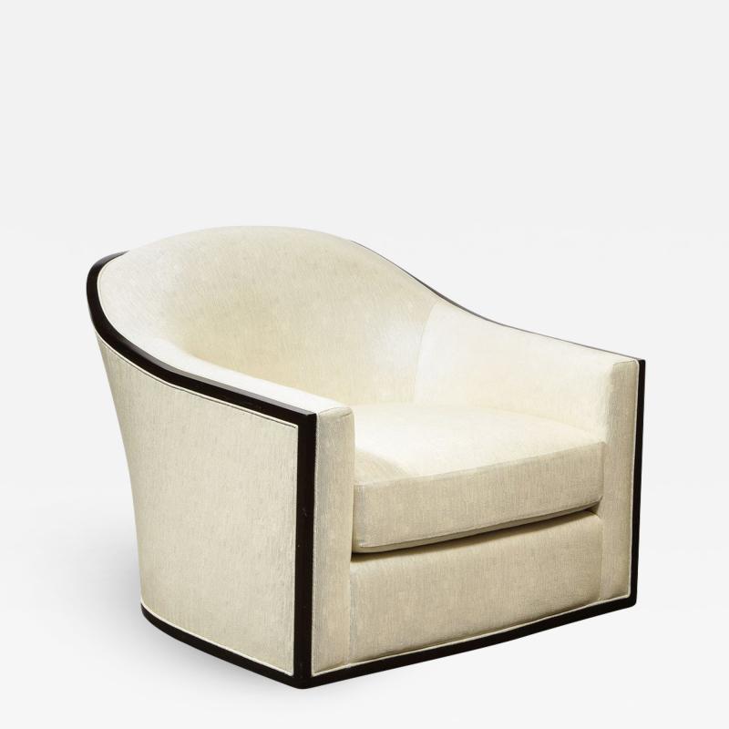 Mid Century Modern Ebonized Walnut Club Lounge Chair in Pearl Holly Hunt Fabric