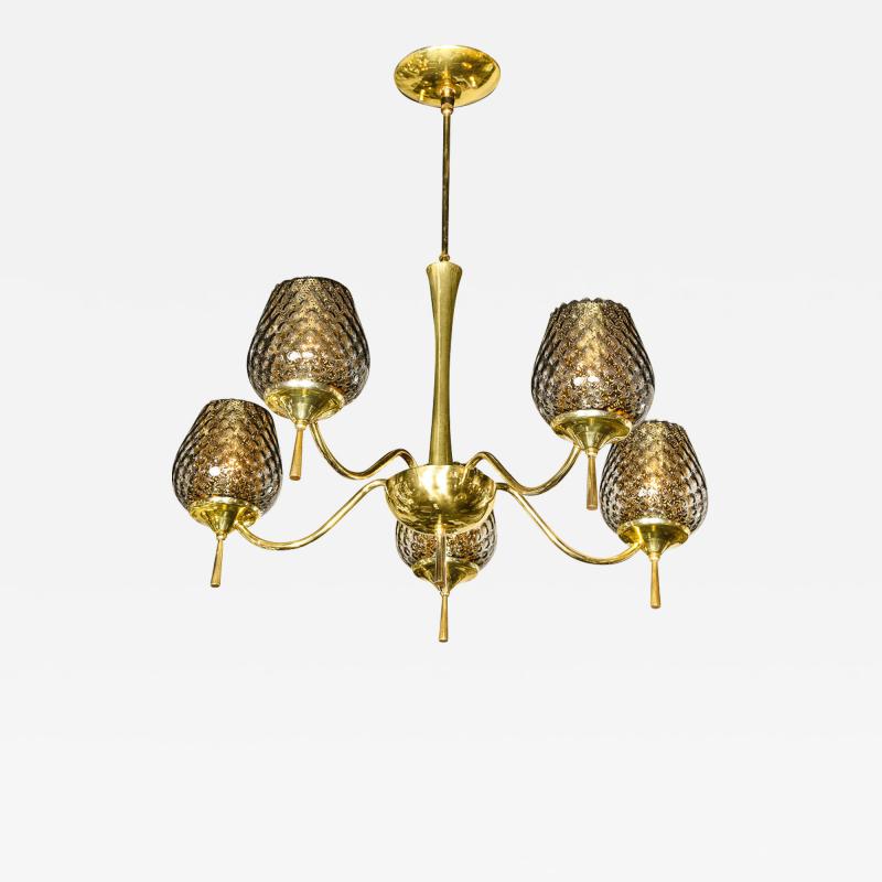 Mid Century Modern Five Arm Brass Smoked Textured Murano Glass Chandelier