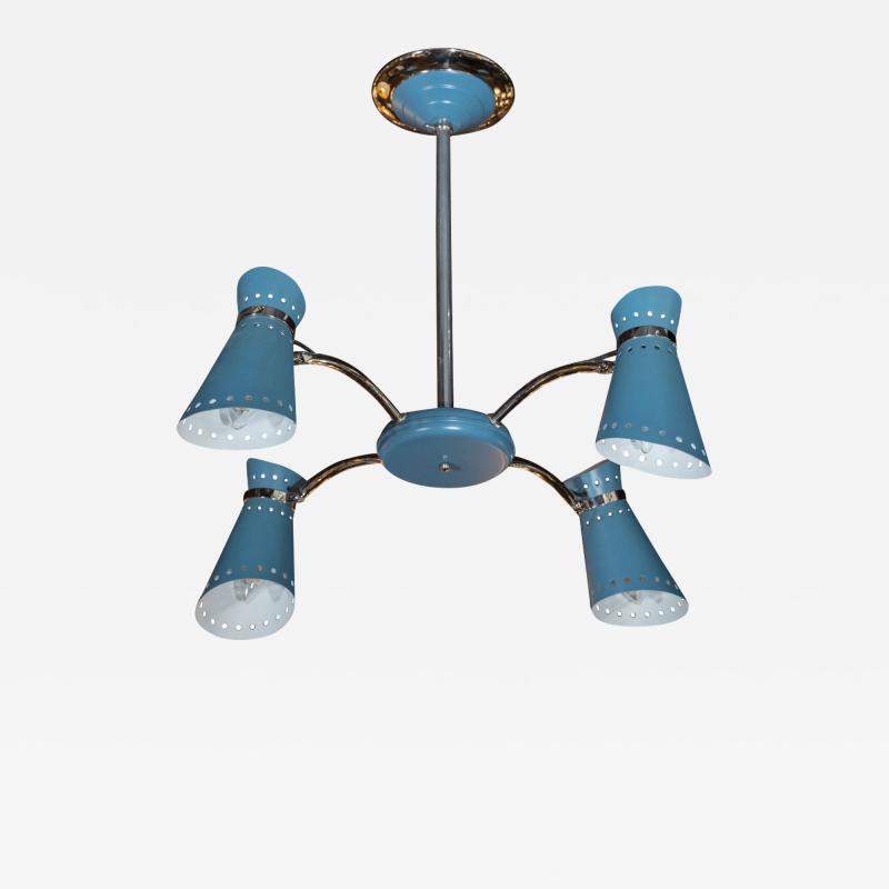 Mid Century Modern Four Arm Chrome and Cerulean Blue Enamel Chandelier