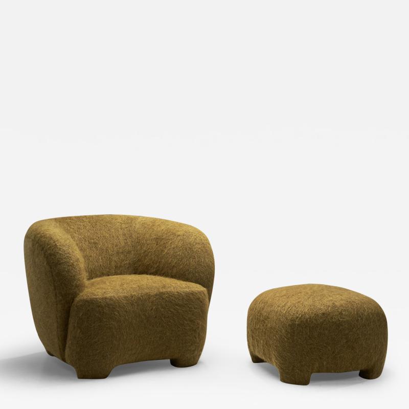 Mid Century Modern Fully Upholstered Lounge Chair and Ottoman Denmark 1950s