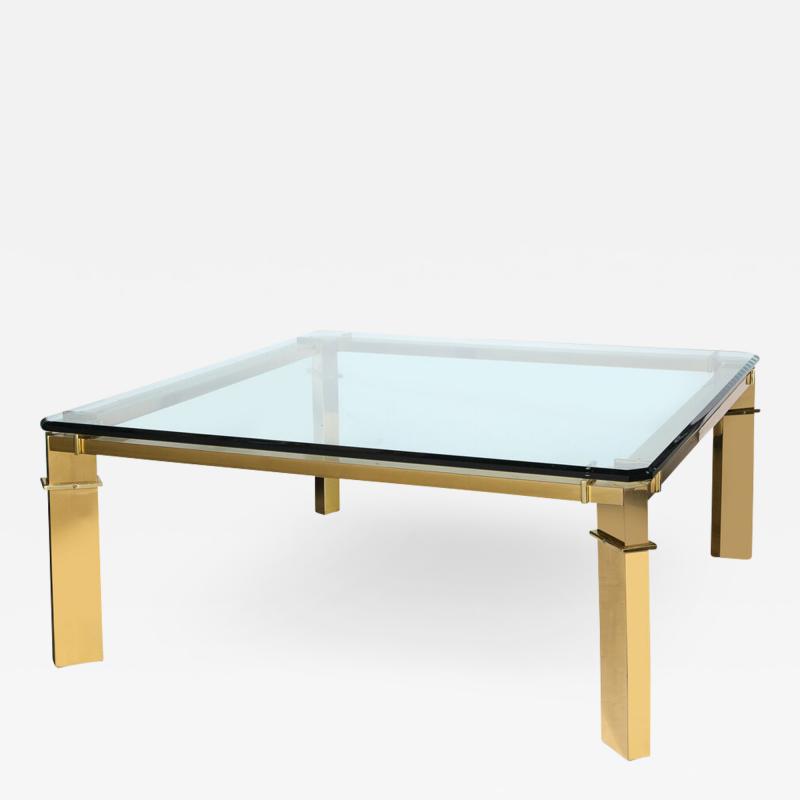 Mid Century Modern Geometric Rectilinear Polished Brass Glass Cocktail Table