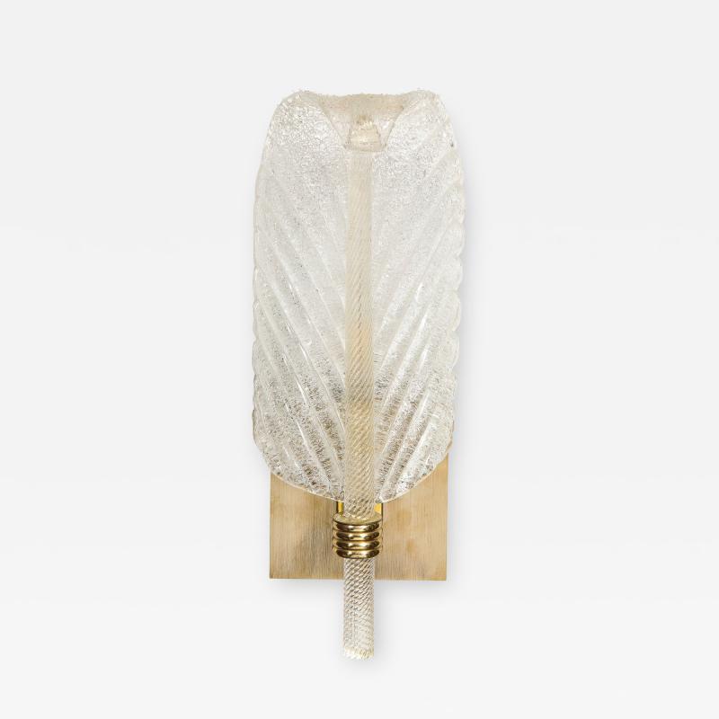 Mid Century Modern Handblown Murano Clear Glass Leaf Sconce w Brass Fittings