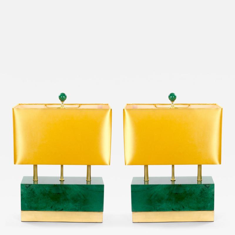 Mid Century Modern Italian Art Deco Style Dark Green Jade and Brass Table Lamps