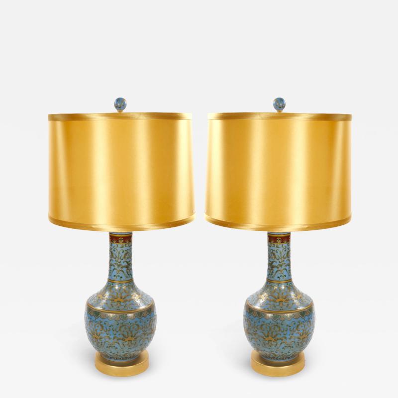 Mid Century Modern Italian Blue Tapestry Design Porcelain Table Lamps Pair