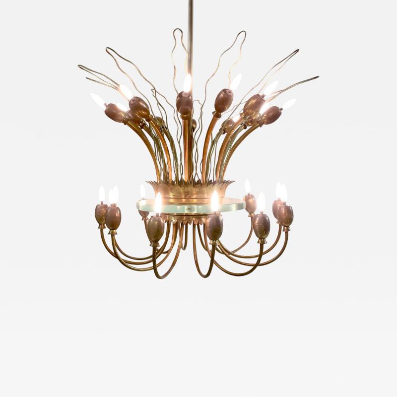 Mid Century Modern Italian Chandelier in Brass Glass