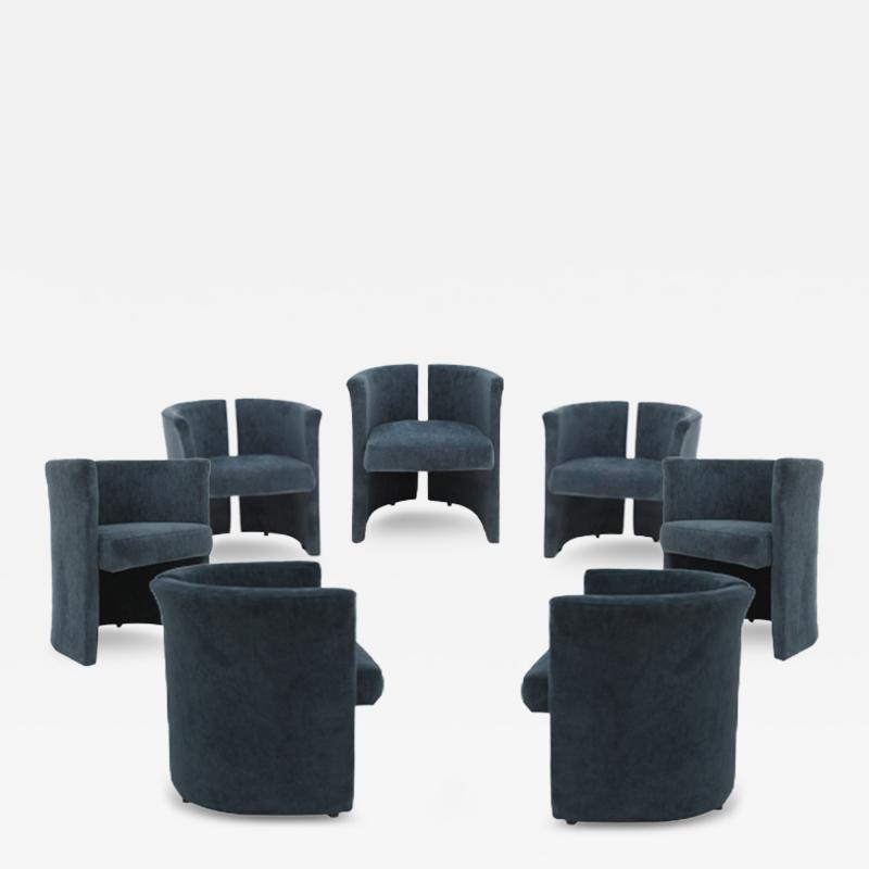 Mid Century Modern Italian Curved Chairs in Blue Velvet Set of Seven