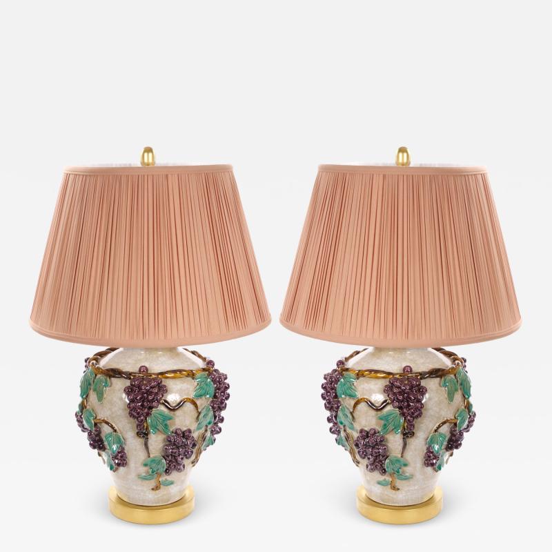 Mid Century Modern Italian Glazed Ceramic Grape and Vine Table Lamps Pair
