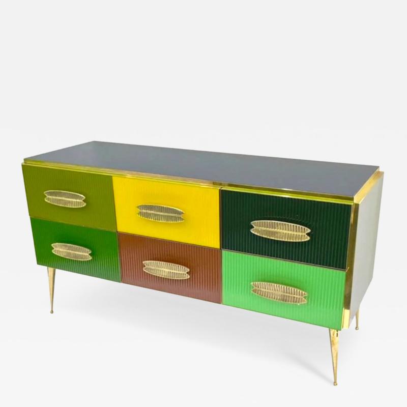 Mid Century Modern Italian Multi Color Six Drawer Chest Cabinet on Brass Legs