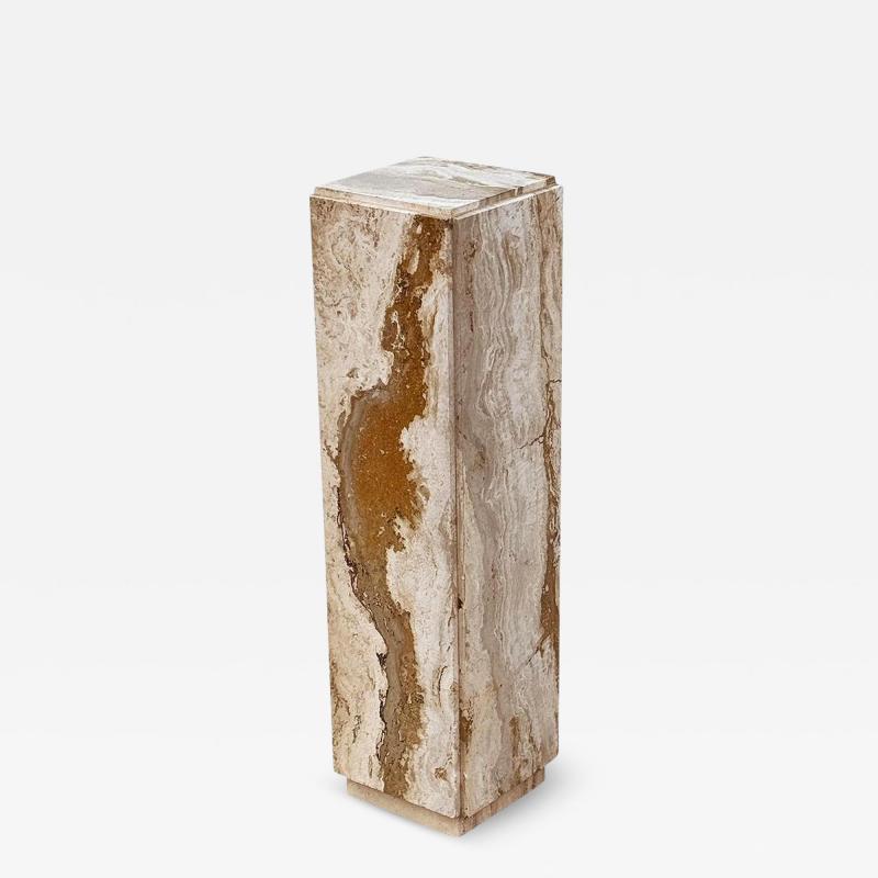 Mid Century Modern Italian Square Beige Tan Travertine Marble Pedestal Table